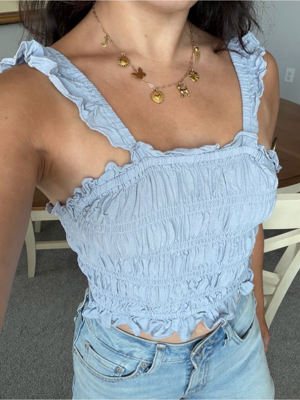 Light Blue Smocked Ruffle Crop Tank Top - Women
